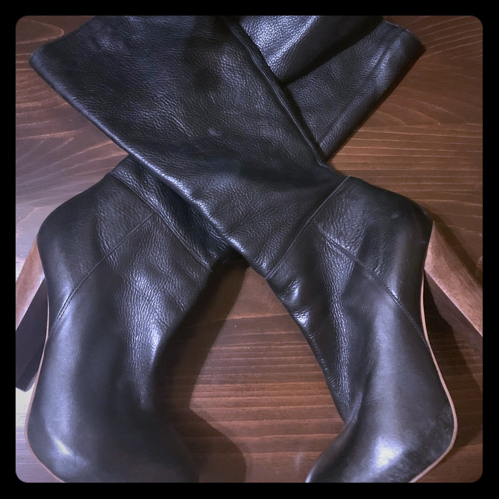 Black chunky heel knee high boots